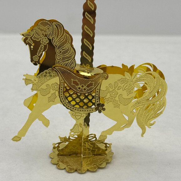 Vintage Gold-Tone Carousel Horse Ornament Intricate Detailing 3D Metal 3.5" - Picture 2 of 10